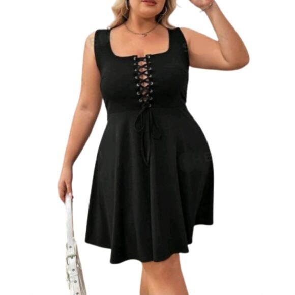MIDNITE BLACK ☆ LACE-UP FRONT ☆ SKATER DRESS ☆ 5x ☆ NWT - Picture 4 of 8